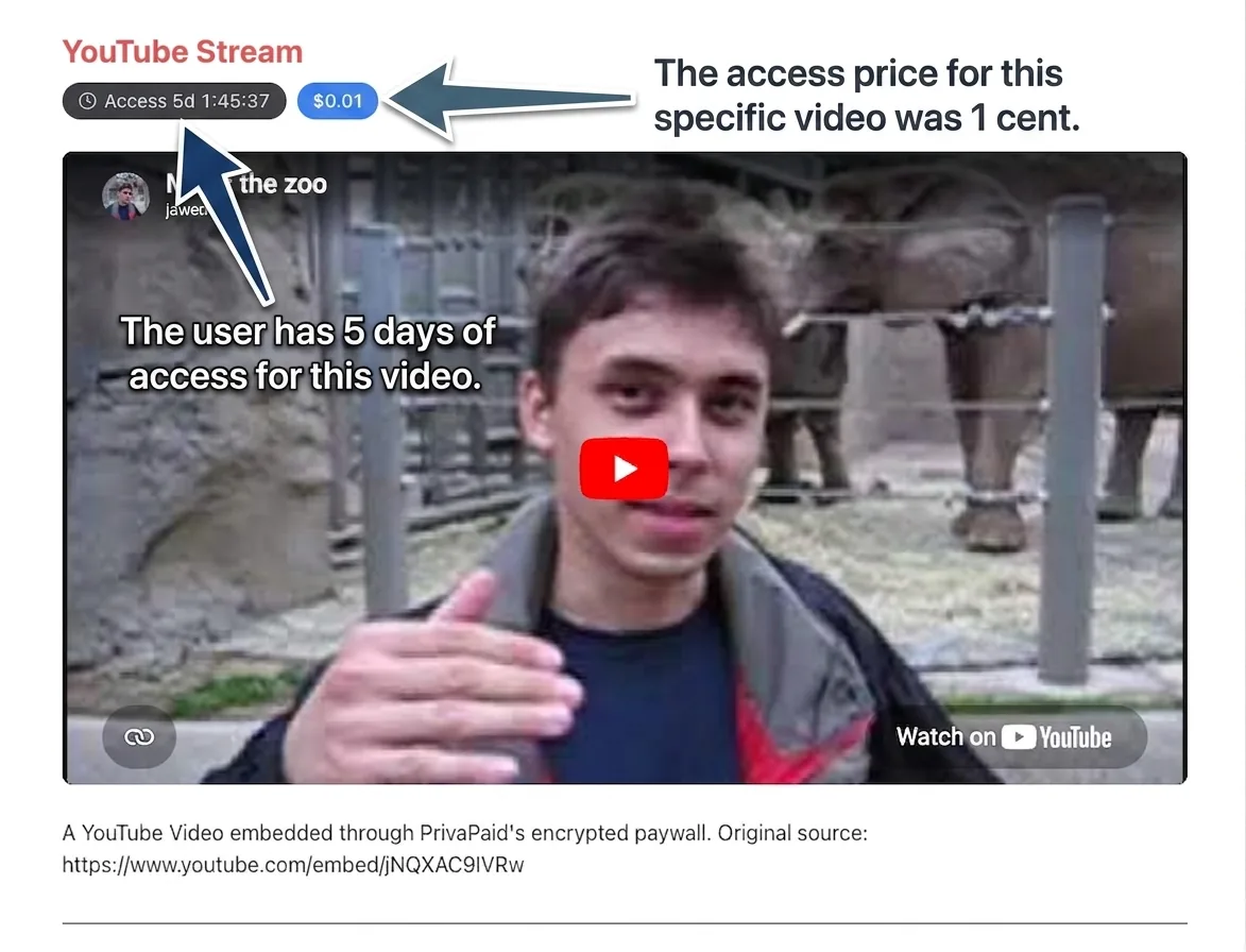 YouTube video embedded through PrivaPaid's encrypted paywall, showing a 5-day access window and a 1-cent price